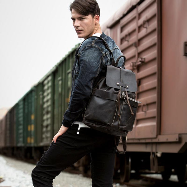 Light Brown Casual Mens Leather 15-inch Computer Backpack Dark Brown Travel Backpacks School Backpacks for men - imessengerbags