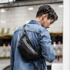 Black Leather Mens Waist Bag Fanny Pack Sling Bag Chest Bag Black One Shoulder Backpack for Men - imessengerbags