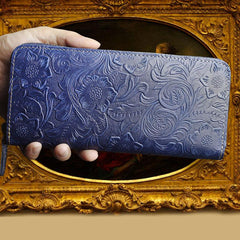 Handmade Leather Floral Mens Cool Travel Long Wallet Card Holder Card Slim Clutch Wallets for Men - imessengerbags