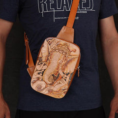 Handmade Beige Ganesha Tooled Leather Sling Bag Chest Bag One Shoulder Backpack For Men - imessengerbags