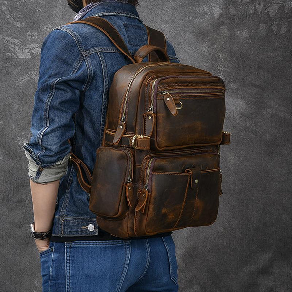 Brown Leather Mens 14" Laptop Hiking Backpack Travel Backpack College Backpack for Men - imessengerbags