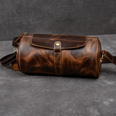 Leather Mens Vintage Brown Side Bag Barrel Messenger Bag Small Bucket Bag For Men - imessengerbags