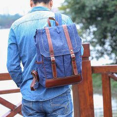 Denim Blue Waxed Canvas Mens Large 14'' Laptop Backpack College Backpack Hiking Backpack for Men - imessengerbags