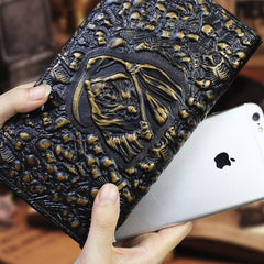 Handmade Leather Mens Tooled Skull Death Cool Zipper Phone Travel Long Wallet Card Holder Card Slim Clutch Wallets for Men - imessengerbags