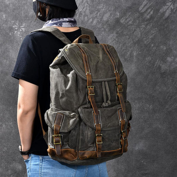 Waxed Canvas Leather Mens Womens 16" Khaki Backpack Green Travel Backpack College Backpack for Men - imessengerbags