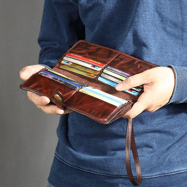 Leather Mens Cool Vintage Wallet Bifold Long Leather Biker Wallet Black Clutch Wristlet Wallet for Men