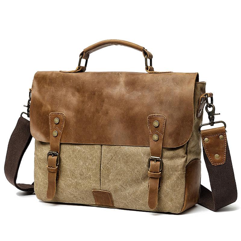 Waxed Canvas Leather Mens Casual Briefcase Computer Bag 14'' Messenger Bag For Men