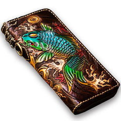 Handmade Leather Tooled Carp Mens Chain Biker Wallet Cool Leather Wallet Long Phone Wallets for Men