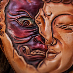 Handmade Leather Mens Clutch Wallet Cool Buddha&Demon Tooled Wallet Long Zipper Wallets for Men - imessengerbags