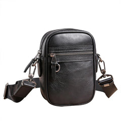 Black Leather MENS Small Vertical Side Bag Black MIni Messenger Bag Mobile Bag For Men