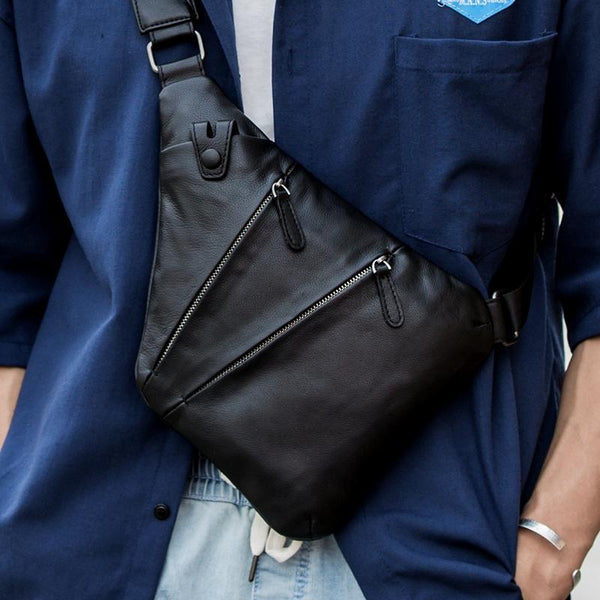 Badass Black Leather Men's Sling Bag Chest Bag Black One shoulder Backpack Bundy Bag For Men - imessengerbags