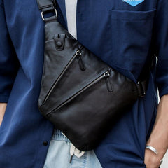 Badass Black Leather Men's Sling Bag Chest Bag Black One shoulder Backpack Bundy Bag For Men - imessengerbags