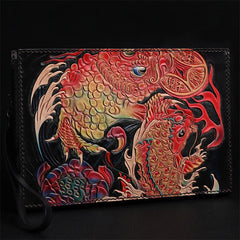 Black Handmade Tooled Leather Wolf Clutch Wallet Wristlet Bag Clutch Purse For Men - imessengerbags