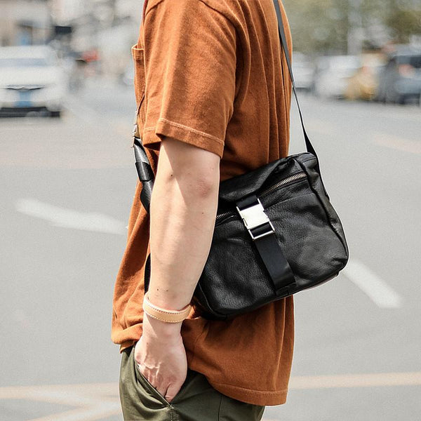 Black Leather Mens Casual Small Courier Bag Messenger Bags Brown Postman Bag For Men - imessengerbags