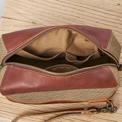 Large Canvas Leather Mens Clutch Bag Zipper Wristlet Bag Purse for Men