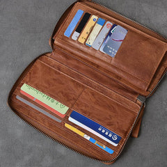 Black Leather Mens Long Wallet Zipper Brown Clutch Phone Wallet For Men - imessengerbags