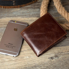 Brown Cool Leather Mens Thin Small Wallet Front Pocket Wallet Trifold billfold Wallets for Men - imessengerbags