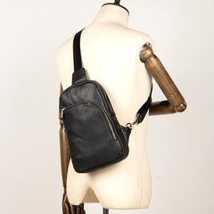 Black Leather Mens Cool Sling Bag Sling Pack Brown ONe Shoulder Backpack Chest Bag for men