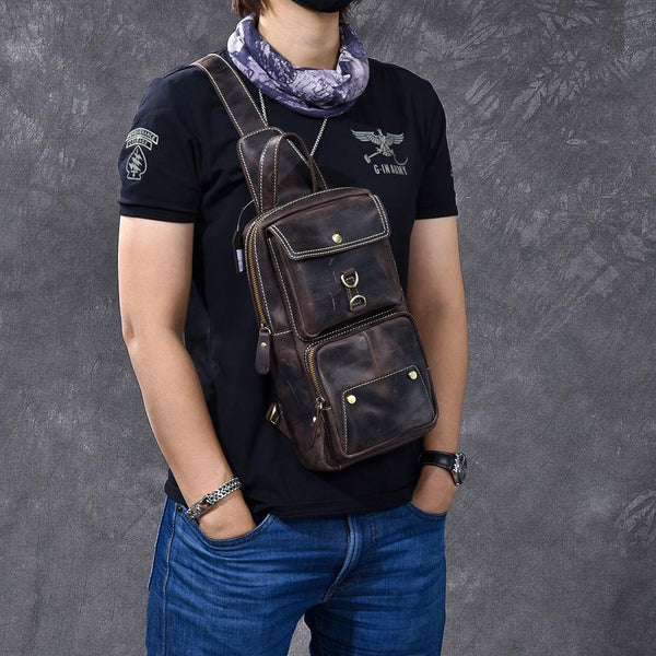 Cool Leather Mens 8" Brown Vintage Sling Bag Chest Bag One Shoulder Backpack for Men - imessengerbags