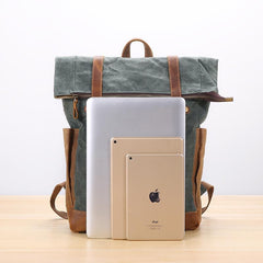 Waxed Canvas Leather Mens 17‘’ Lake Green Backpack Khaki Travel Backpack Dark Gray Hiking Backpack for Men - imessengerbags