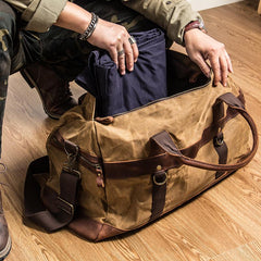 Khaki Waxed Canvas Leather Mens Waterproof Large Weekender Bag Travel Bag Luggage Bag for Men