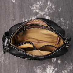Black Cool Leather 10 inches Small Zipper Messenger Bag Vertical Shoulder Bag Dark Brown Side Bag For Men - imessengerbags