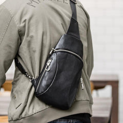 Cool Mens Black Leather Sling Bag Chest Bag Soft Black One Shoulder Backpack Sling Backpack for men - imessengerbags