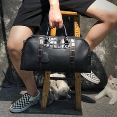 Casual Black Leather Men's 13 inches Overnight Bag Small Travel Bag Luggage Weekender Bag For Men