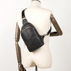 Black Leather Mens Cool Sling Bag Sling Pack Crossbody Pack Chest Bag for men - imessengerbags