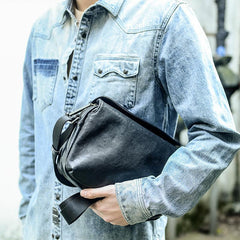 Casual Black Leather Mens 10 inches Side Bag Small Messenger Bag Black Postman Bag For Men