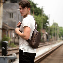 Casual Dark Brown Leather Mens Sling Pack Sling Bags Chest Bags One Shoulder Backpack for Men