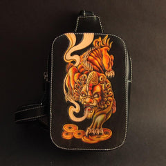 Cool Handmade Tooled Leather Tang Lion Sling Bag Chest Bag One Shoulder Backpack For Men - imessengerbags