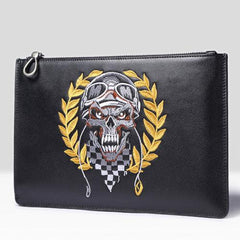 Handmade Leather Mens Clutch Skull Cool Slim Wallet Zipper Clutch Wristlet Wallet for Men