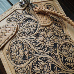 Handmade Leather Biker Wallet Tooled Floral Mens Cool Chain Wallet Trucker Wallet with Chain
