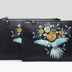 Handmade Leather Mens Clutch Parrots Cool Slim Wallet Zipper Clutch Wristlet Wallet for Men