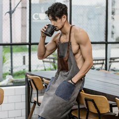 Vintage Canvas Leather Mens Womens Gray Craftsman Apron Cafe Staff Apron Work Apron for Men - imessengerbags