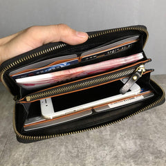 Genuine Leather Mens Cool Long Leather Wallet Zipper Clutch Wristlet Wallet for Men - imessengerbags