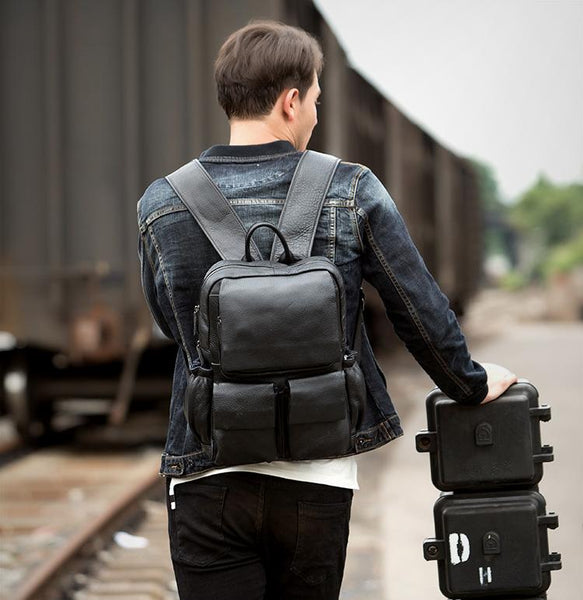 Cool Black Mens Leather 14 inches Computer Backpacks Cool Travel Backpacks School Backpack for men - imessengerbags