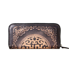 Handmade Genuine Leather Mens Cool Tooled Long Leather Wallet Bifold Clutch Wallet for Men - imessengerbags