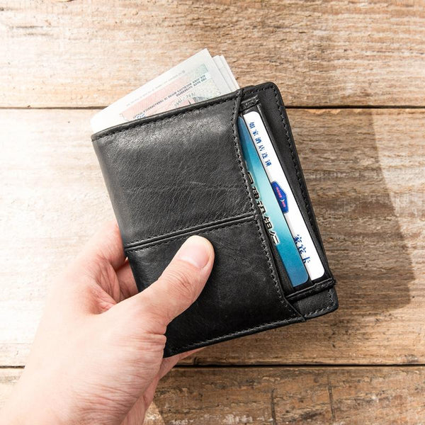 Black Cool Leather Mens Slim Small Wallets Bifold Vintage billfold Wallet Card Wallet for Men - imessengerbags