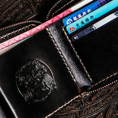 Handmade Leather Chinese Black&White Tooled Mens billfold Wallet Cool Leather Wallet Slim Wallet for Men - imessengerbags
