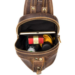 Cool Dark Brown Leather Mens Sling Pack Sling Bags Light Brown Crossbody Pack Chest Bag for men - imessengerbags