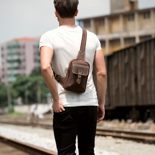 Cool Brown Leather One Shoulder Backpack Sling Bags Crossbody Pack for Men - imessengerbags