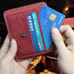 Handmade Leather Floral Mens Cool Front Pocket Wallet Short Wallet Card Holder Small Card Slim Wallets for Men