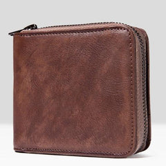 Genuine Leather Mens Cool Zipper Leather Wallet Men Small Wallets Bifold for Men - imessengerbags