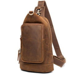 Brown Casual Leather Mens 8 inches Sling Bags Chest Bags One Shoulder Backpack for Men - imessengerbags