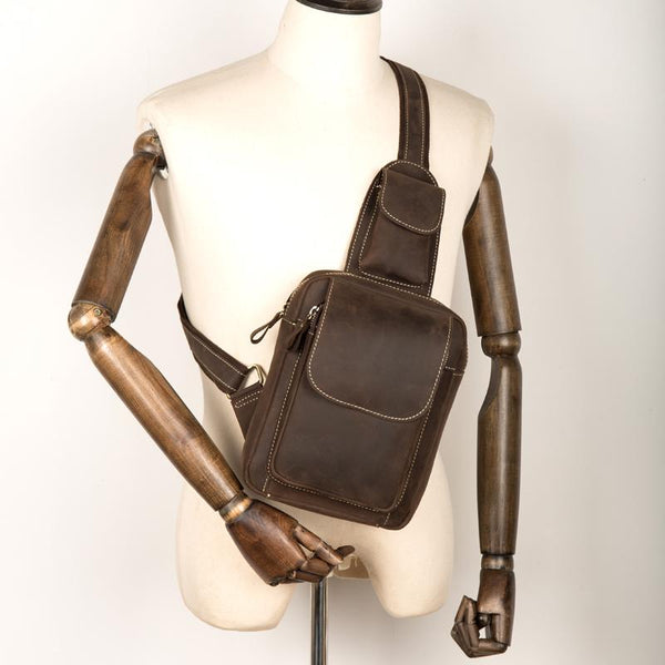 Cool Brown Leather Mens One Shoulder Backpack Sling Bag Brown Crossbody Pack Chest Bag for men - imessengerbags