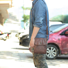 Cool Brown Leather Mens Vertical Side Bag Small Messenger Bag Courier Bag For Men - imessengerbags