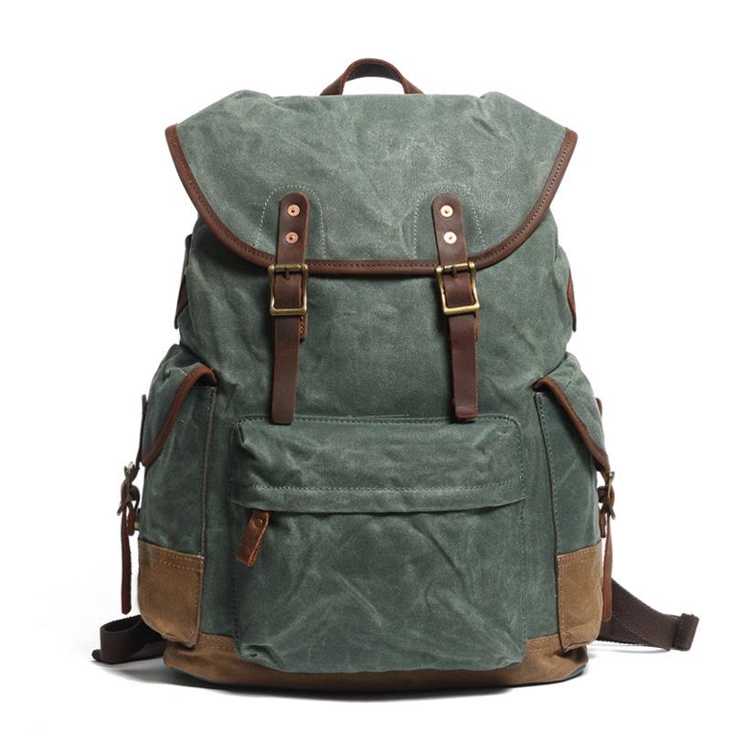 Cool Waxed Canvas Mens Casual 14'' Green Hiking Backpack Black Computer Backpack Travel Backpack College Bag for Men - imessengerbags