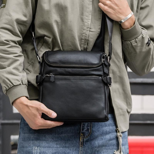 Black Soft Leather Mens 10 inches Vertical Postman Bag Black Messenger Bags Side Bag for Men - imessengerbags
